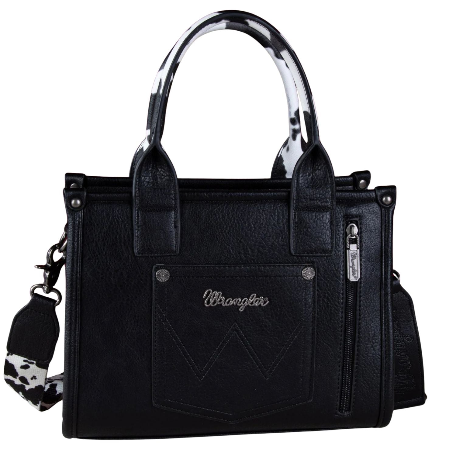 Wrangler Cow Print PU Leather Concealed Carry Tote Crossbody Purse- Black/Cow