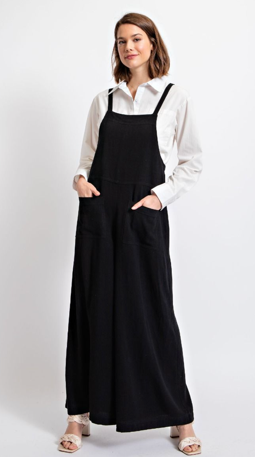 Easel Womens Textured Linen Wide leg Jumpsuit Overall, Black