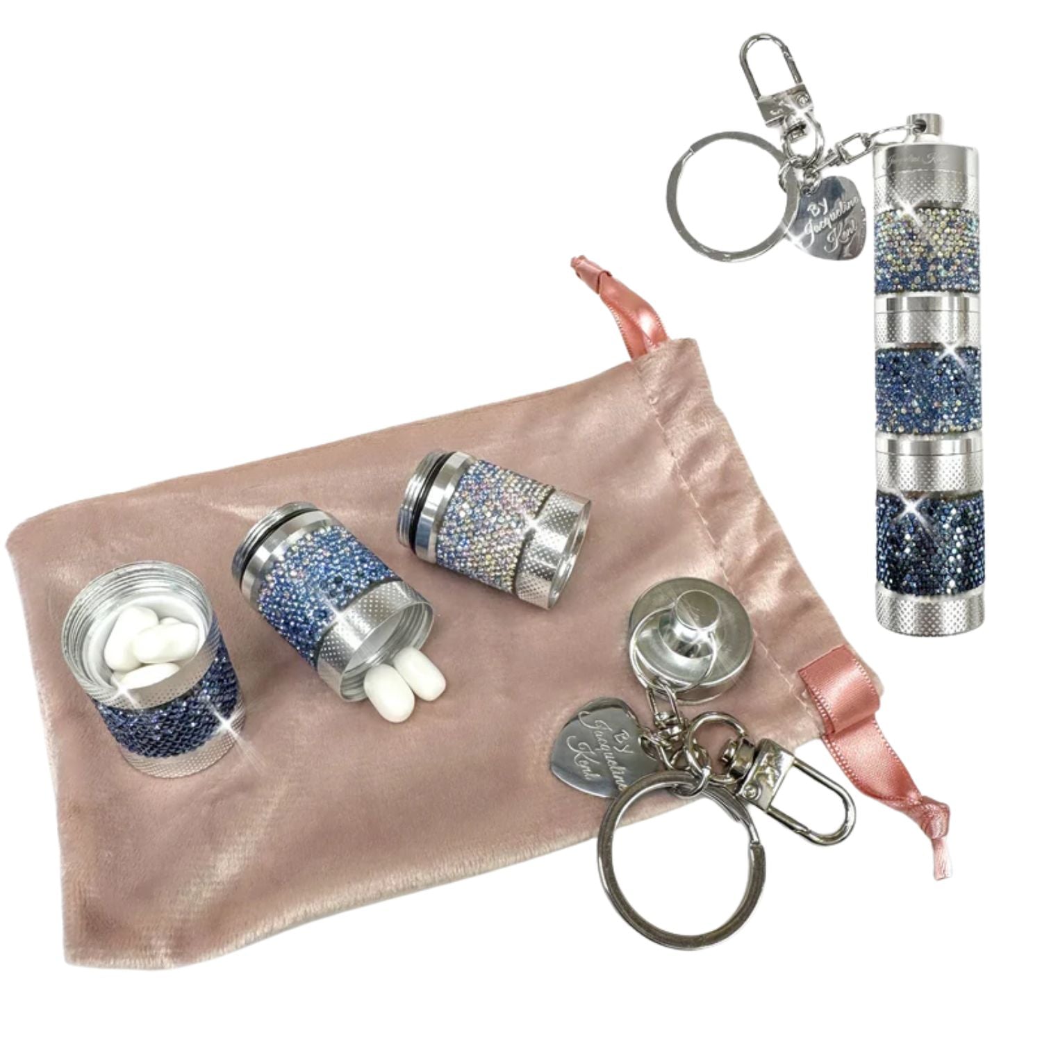 Jacqueline Kent Crystal Embellished Pill Container Keychain – Blue Ombré
