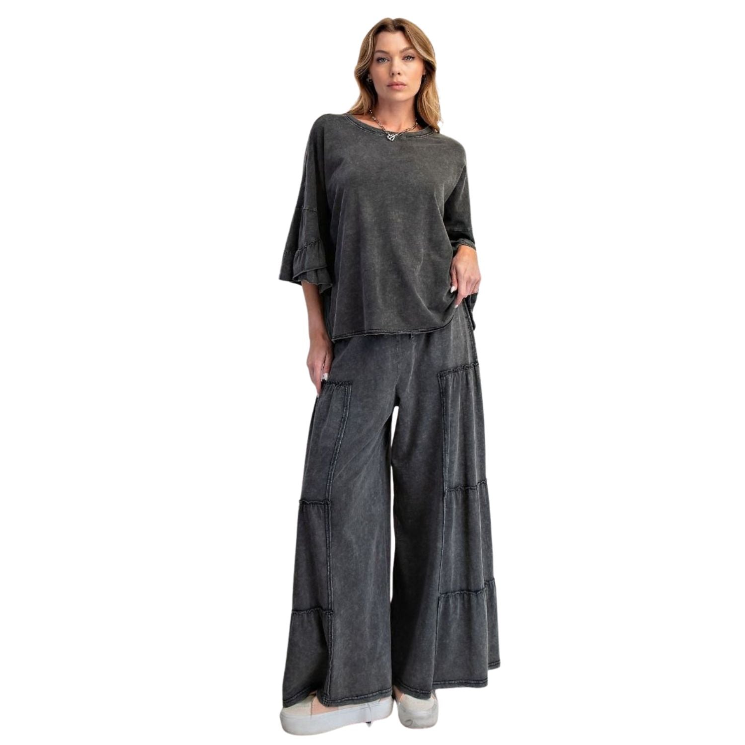 Easel Womens Winged Ruffle Sleeve Washed Cotton Slub Top- Black