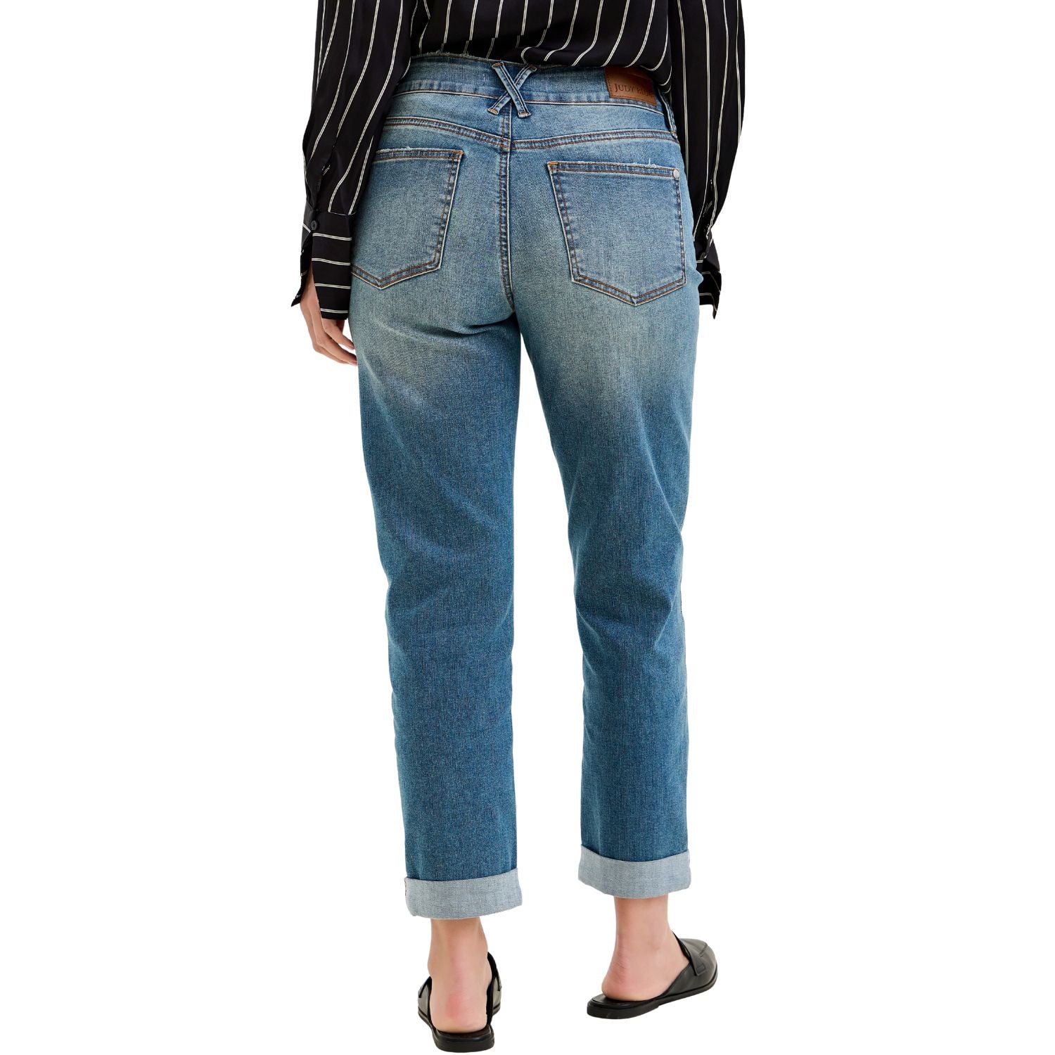 Judy Blue Womens Mid Rise Boyfriend Cool Denim Jeans With Cross Back Belt Loops