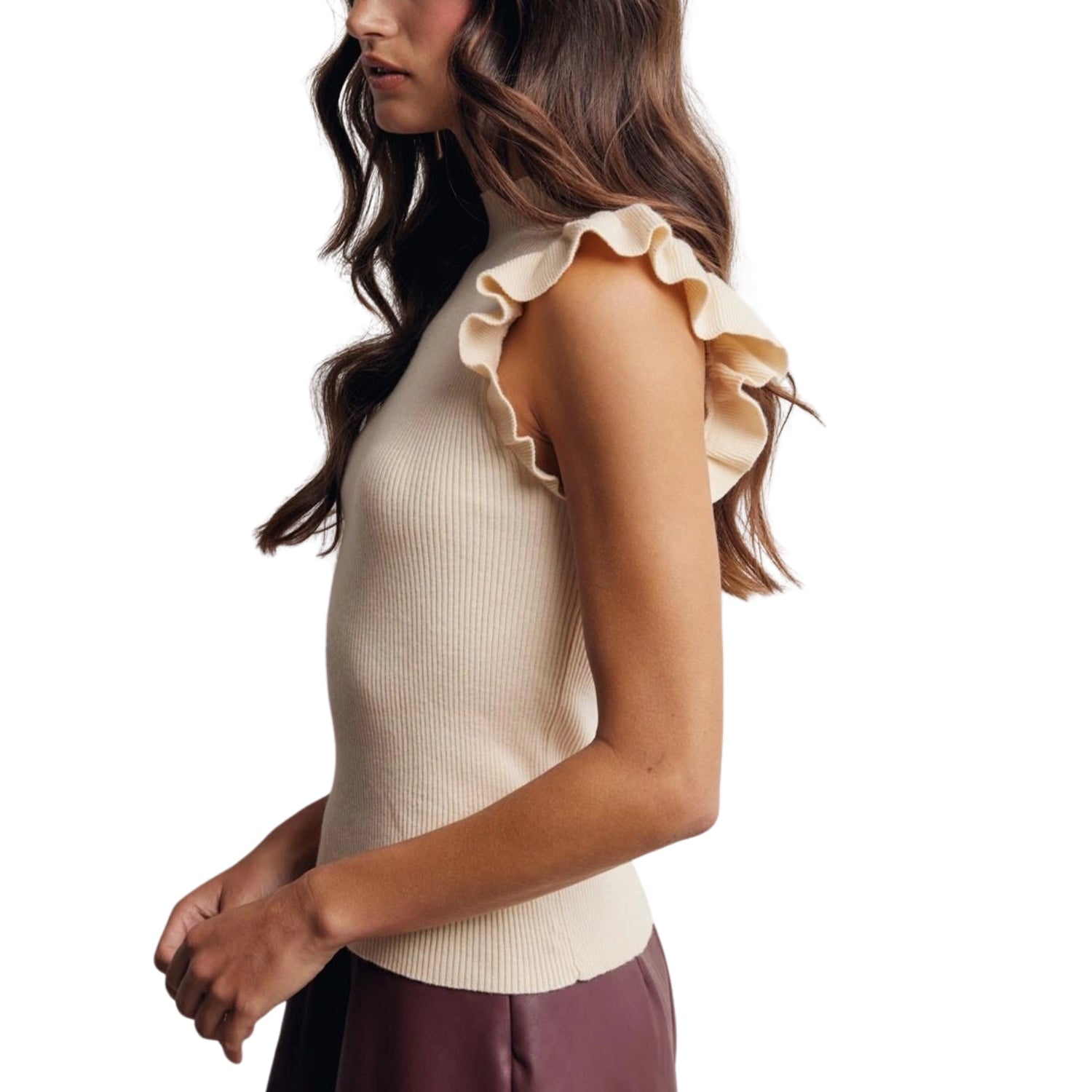 Listicle Forte Women's Ruffle Sleeve Rib Knit Mock Neck Top, Cream