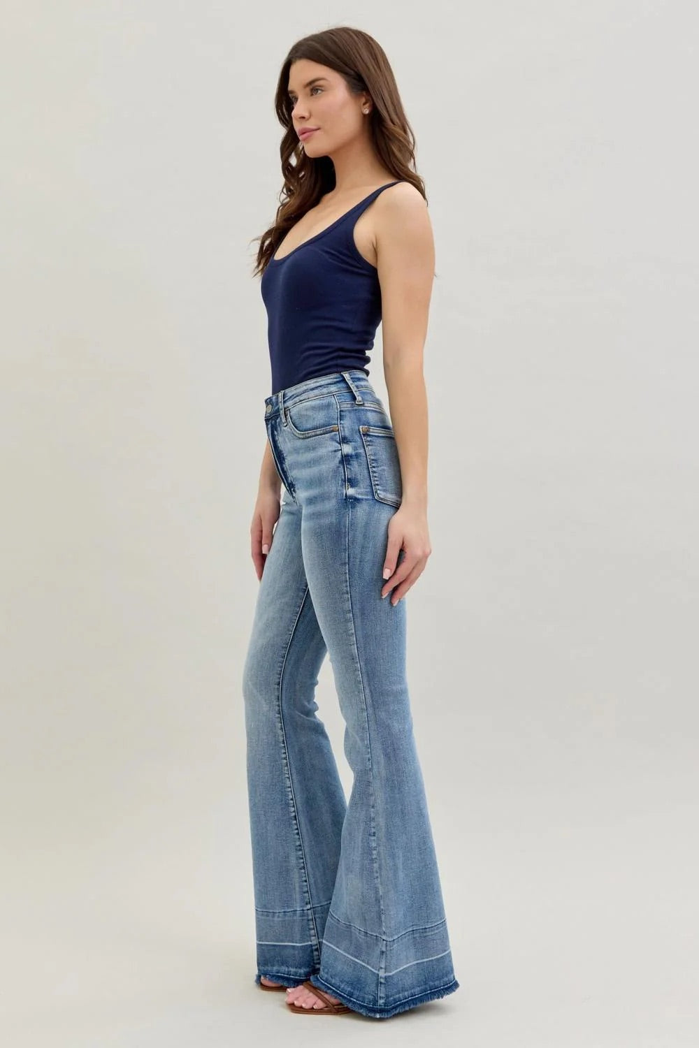 Judy Blue Womens High Waist Contrast Tummy Control Release Hem Flare Denim Jeans