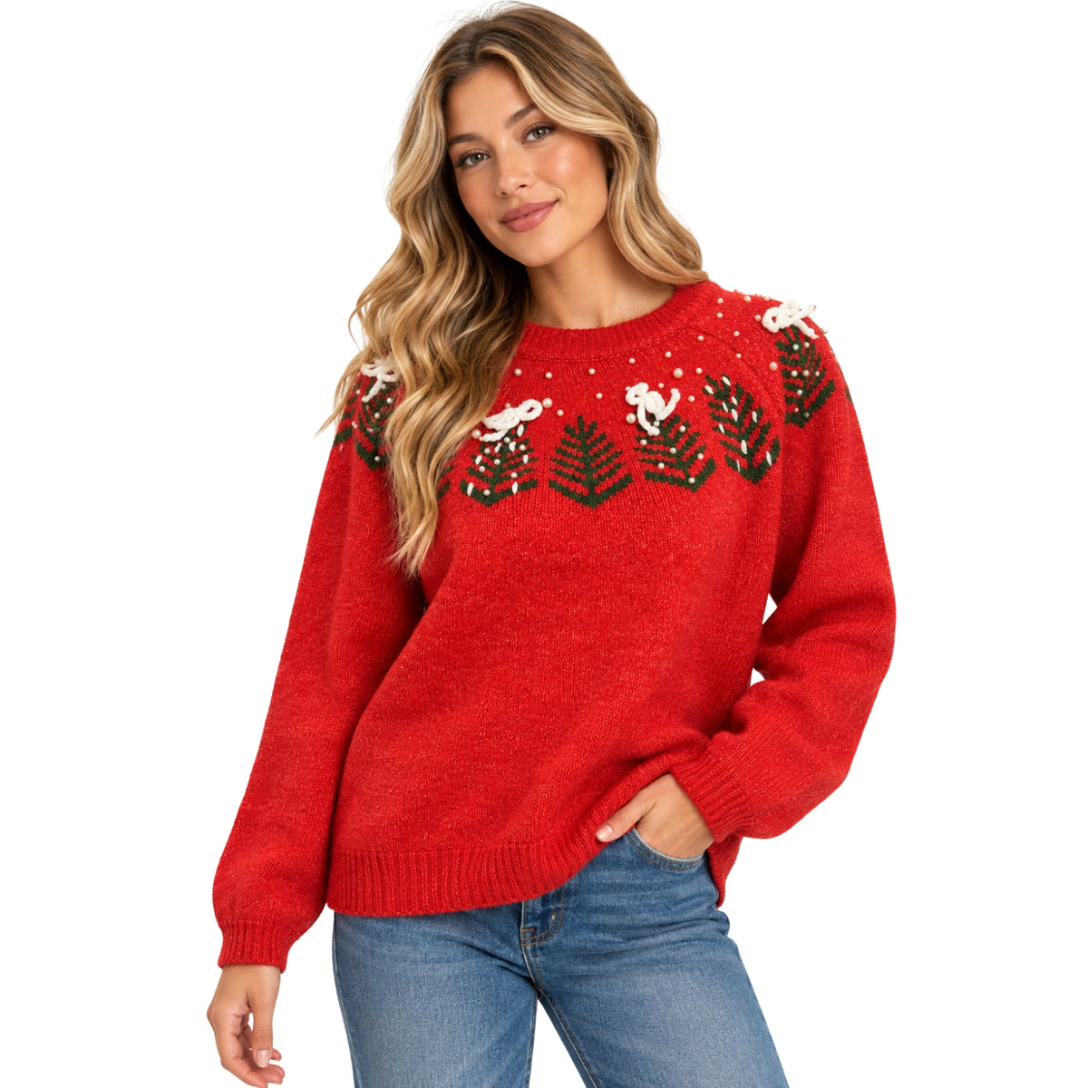 Easel Christmas Tree Pearl & Bow Embellished Holiday Sweater, Red