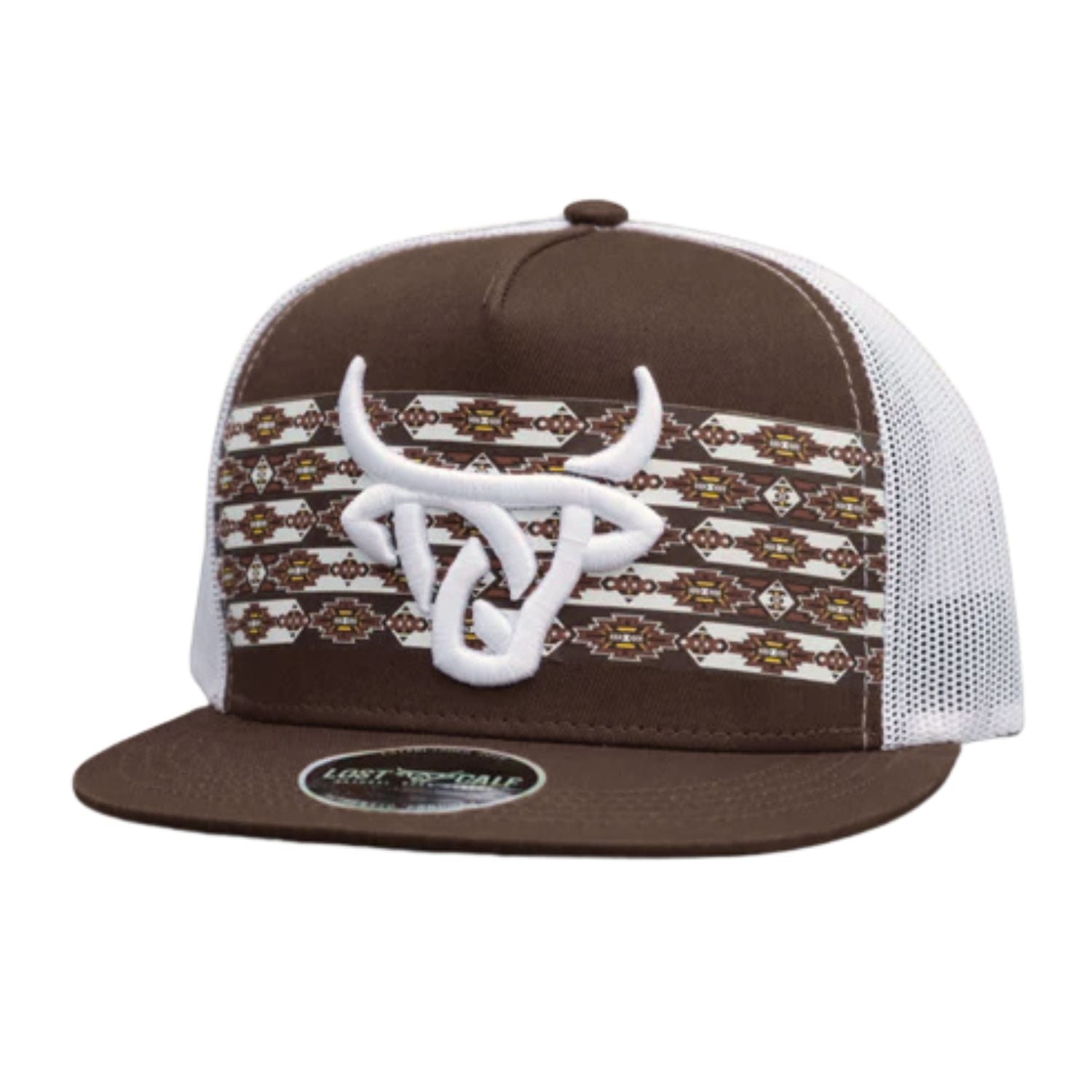 Lost Calf Mens Koda Flat Bill Adjustable Snapback Cap Hat (Brown/White)