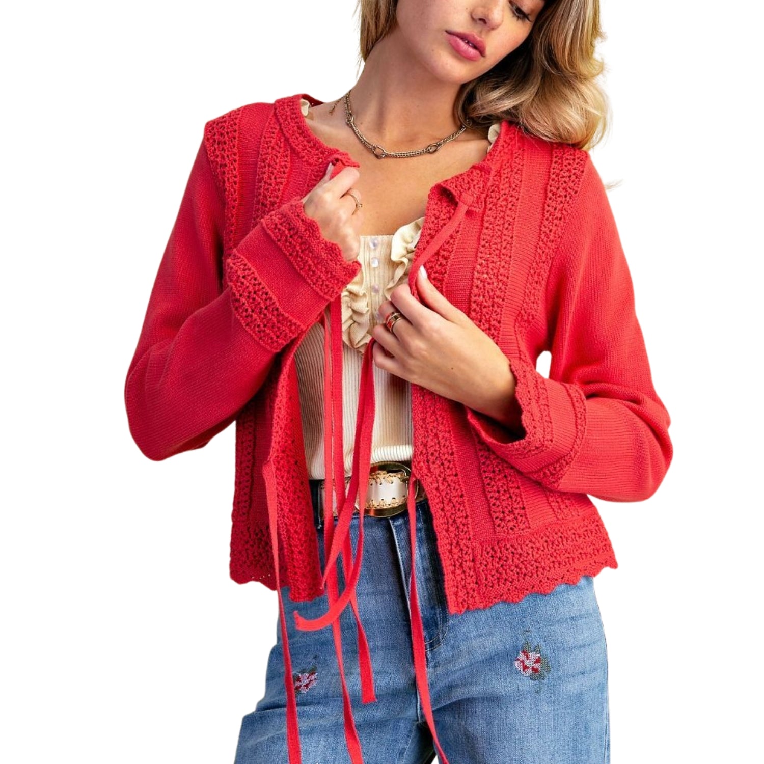 Easel Women's Crochet Trim Tie-Front Cotton Knit Cardigan Sweater, Antique Coral