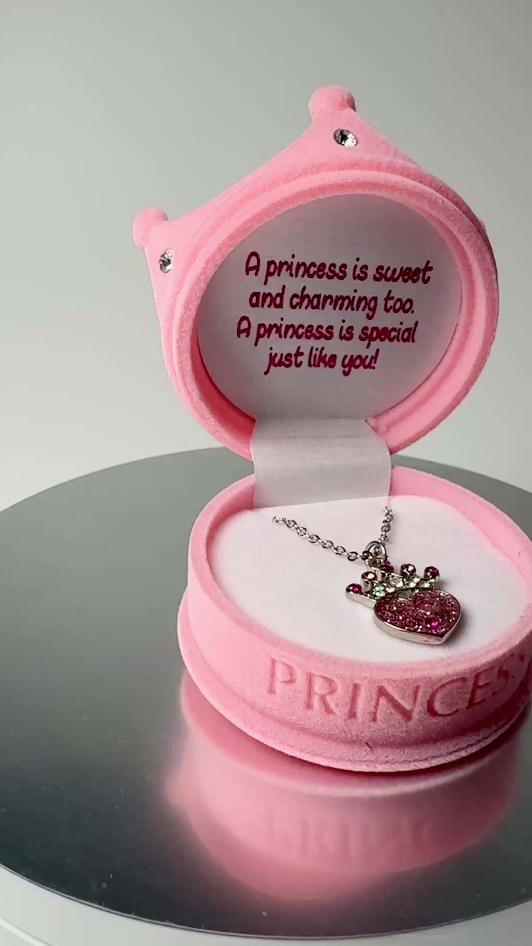 Load video: Sparkling Princess Pendant Necklace, Crown Gift Box and Interior Sentiment