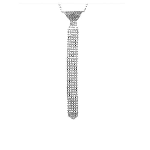 Rhinestone Neck Tie Necklace Clear Silver, 8.25"