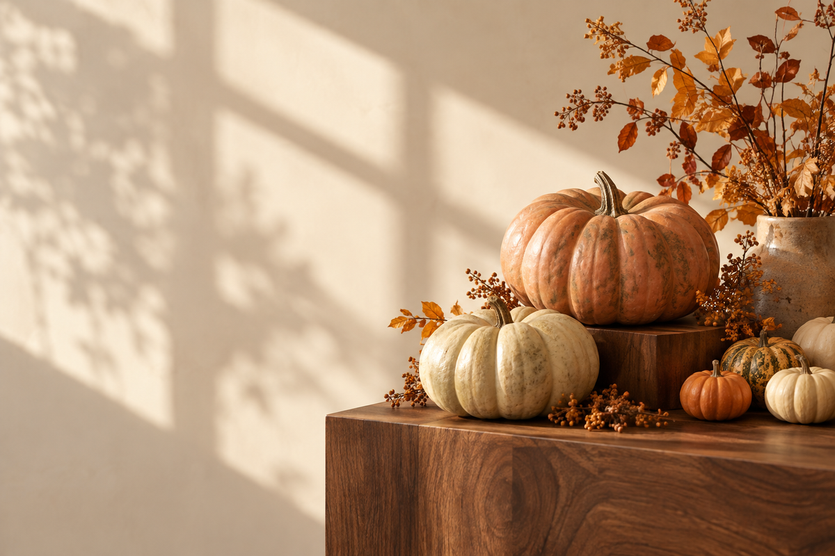 Heirloom pumpkins and autumn branches in warm afternoon light