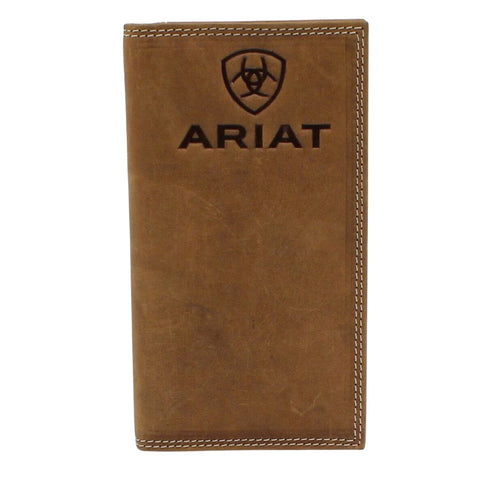 Ariat Mens Embossed Shield Logo Leather Rodeo Checkbook Wallet (Tan)