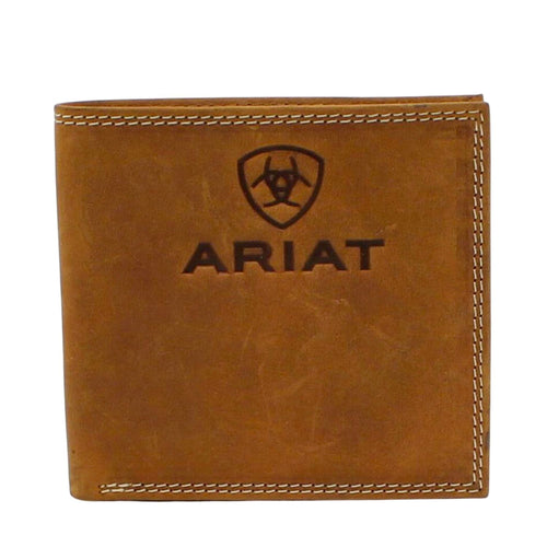Ariat Mens Leather Embossed Shield Logo Bi-fold Wallet, Brown