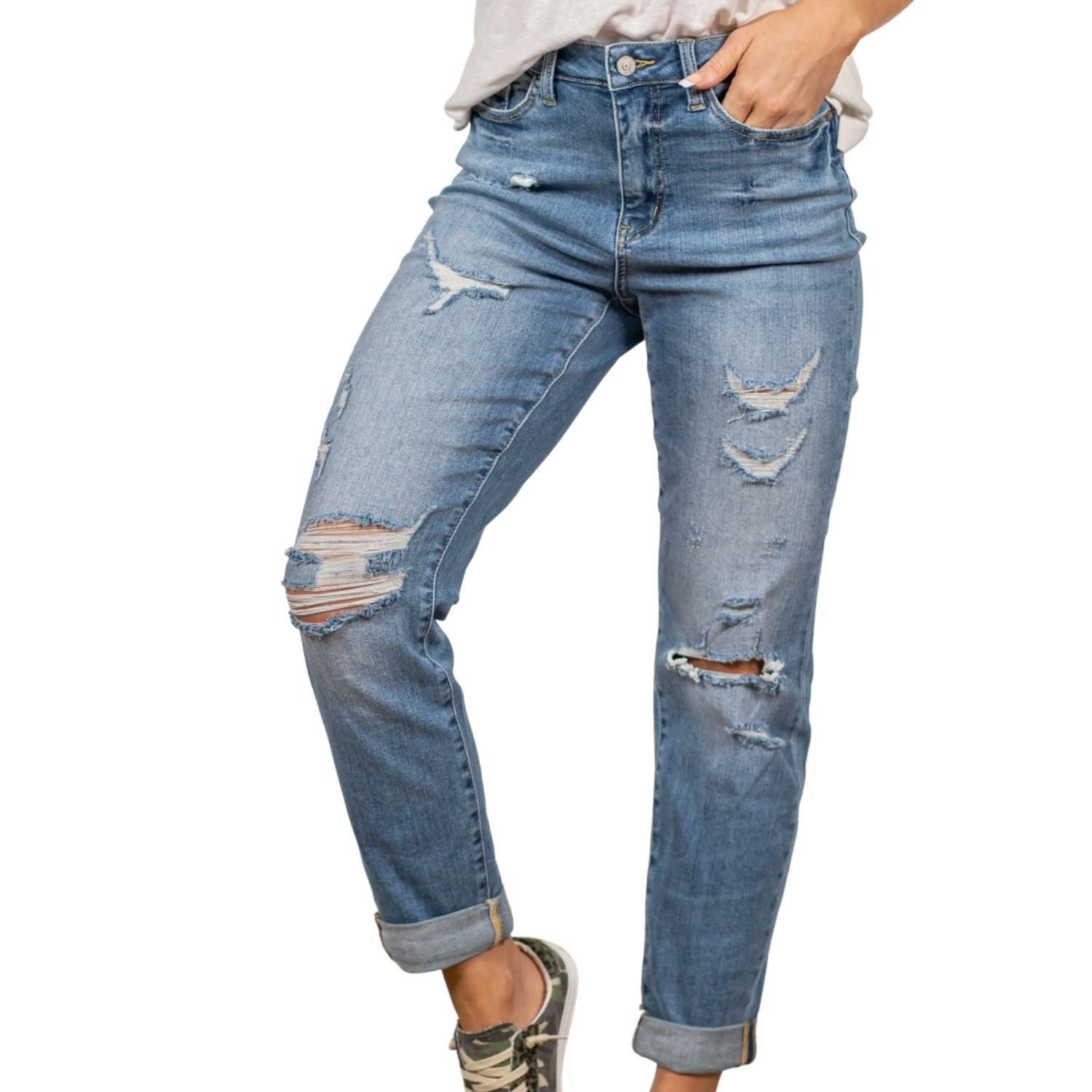 Judy Blue Womens Anniston High Rise Distressed Boyfriend Jean, Light Blue