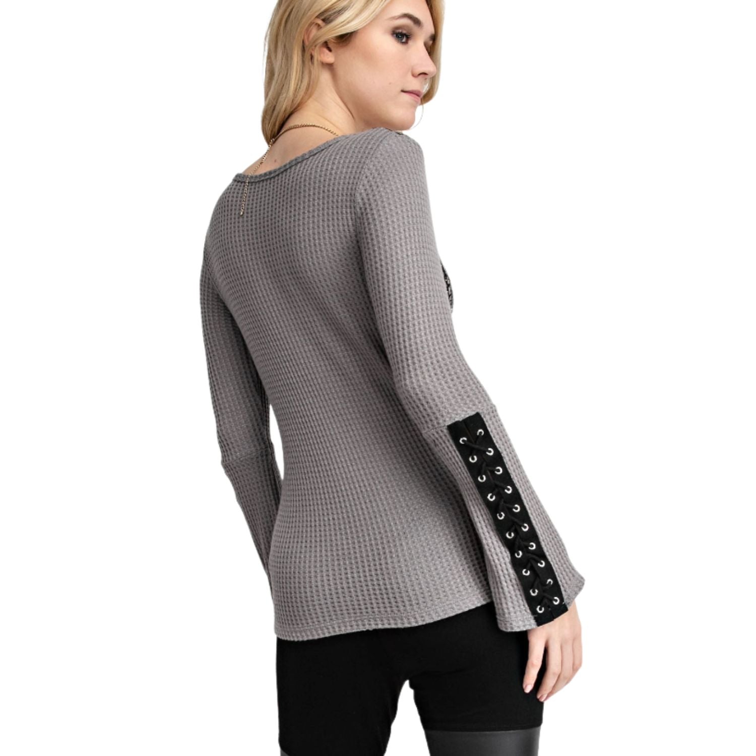 Vocal Apparel Womens Lace Up Sleeve Angel Wing Waffle Knit Top