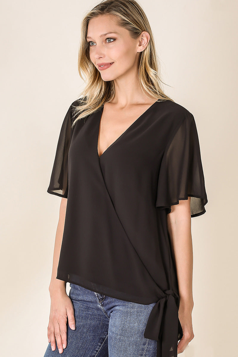 Zenana Womens Woven Double Layer Chiffon Side Tie Bell Sleeve Top