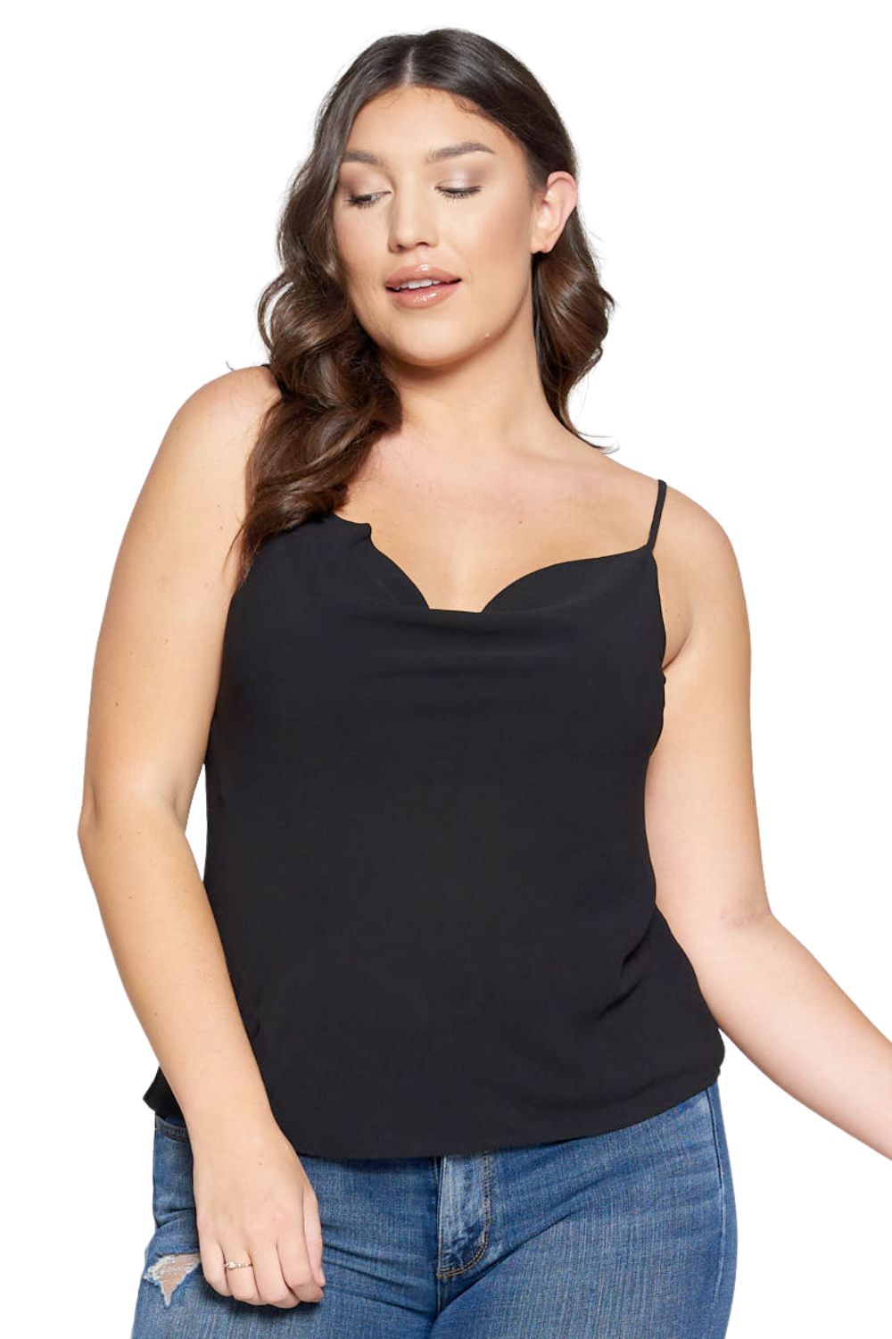 DNA Couture Womens Bubble Crepe Solid Cowl Necked Camisole Top, Black