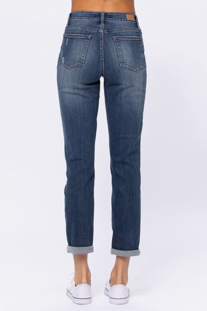 Judy Blue High Rise Denim Patch Distressed Boyfriend Jeans