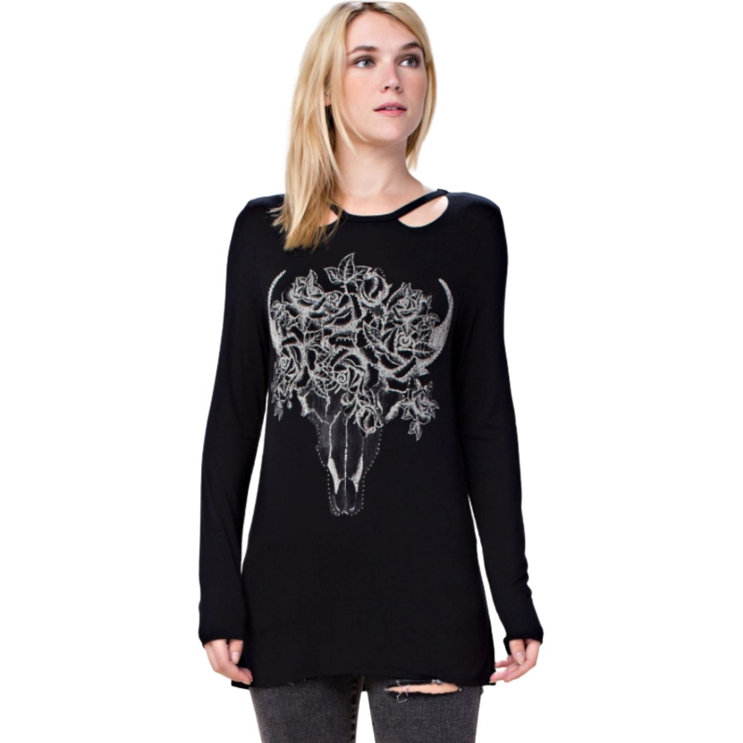 Vocal Womens Rhinestone Screen Print Design Long Sleeve Tee Shirt,Black