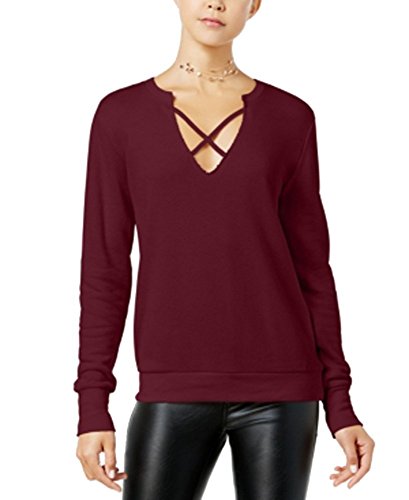 Almost Famous Juniors' Strappy-Front Sweatshirt Top (Cabernet, Large)