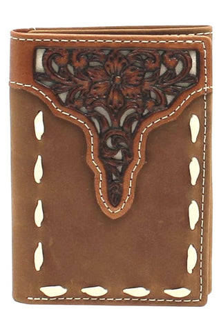 Ariat Mens Floral Tooled Overlay Leather Trifold Western Wallet (Tan)