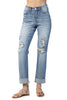 Judy Blue Womens High Waist Boyfriend Double Cuff Fray Hem Destroyed Jeans