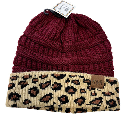 Sunshine & Rodeos Women's Knit Beanie Cap (Wine/Leopard, One Size)