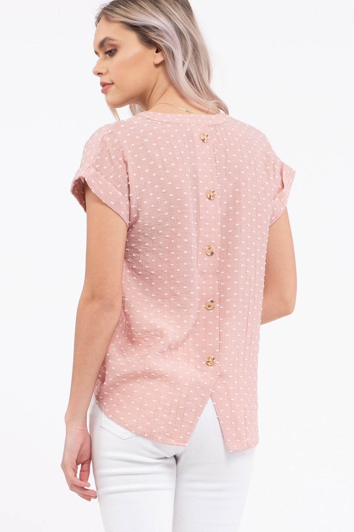 Mine Womens Back Button Textured Short Sleeve Top