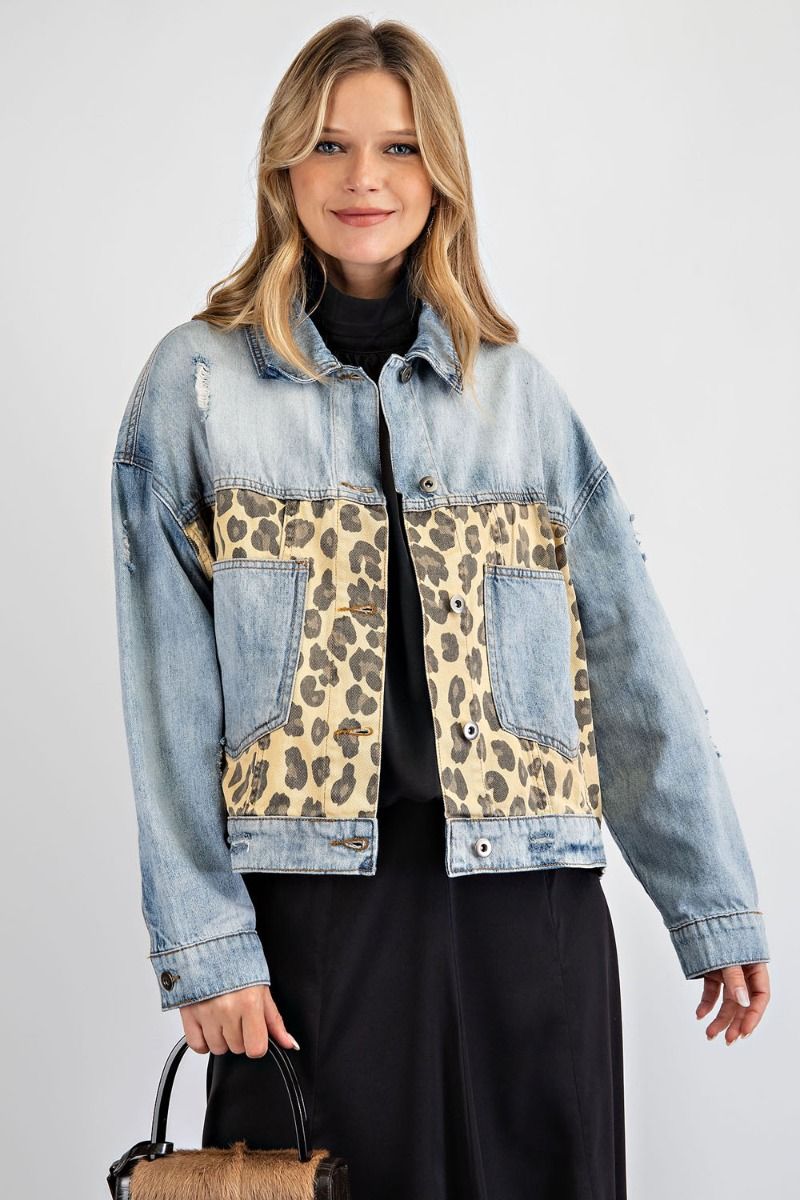Easel Womens Animal Print Distressed Boyfriend Denim Jacket
