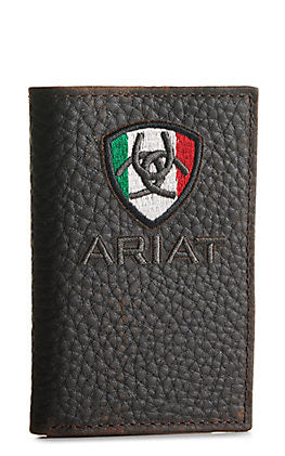 Ariat Mens Leather Mexico Flag Embroidered Shield Logo Tri-fold Wallet, Brown