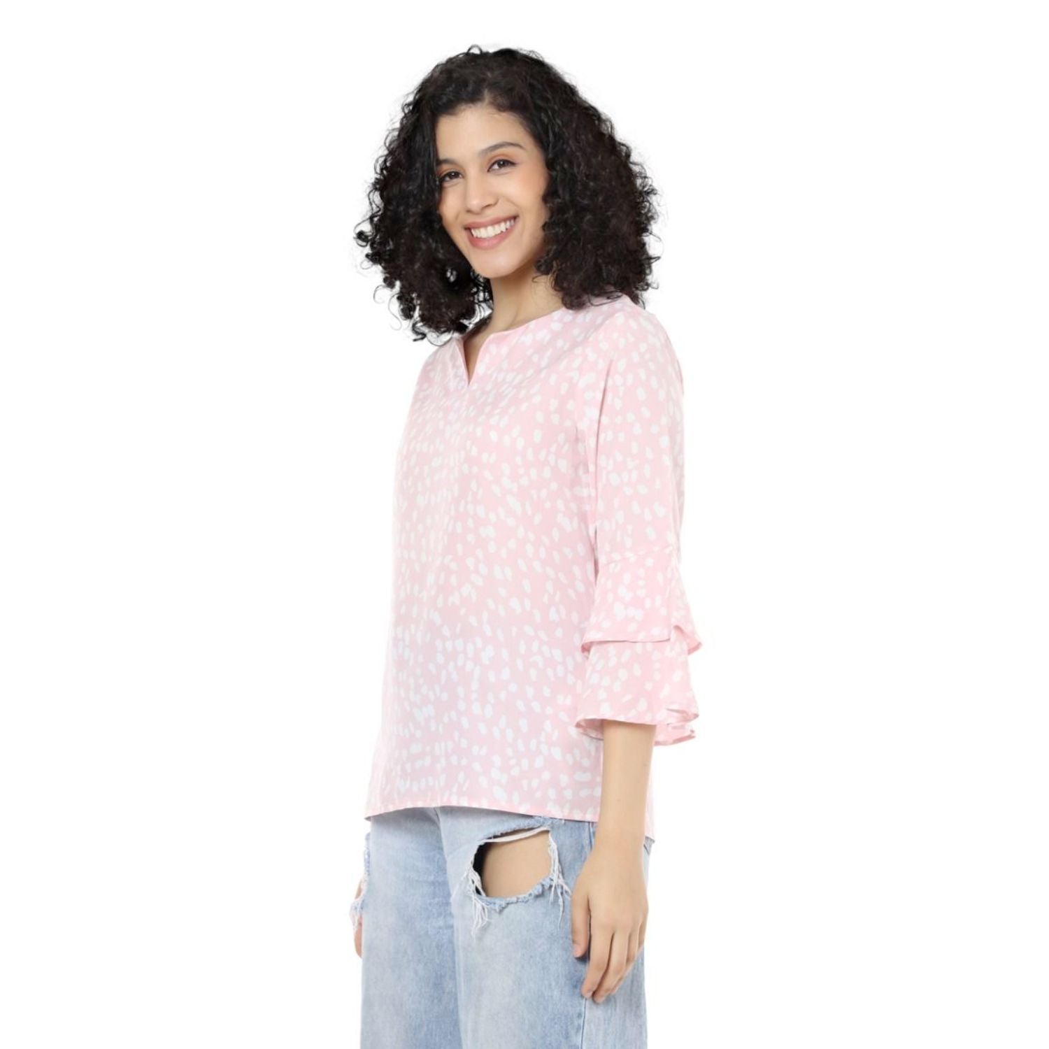 Myra Bags Womens Sasha Bell Sleeve Split Neck Pull Over Blouse, Pink/White