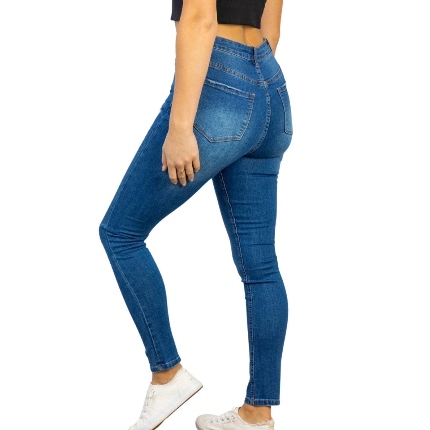 White Birch Womens High Rise Solid Woven Distressed Denim Jeans, Blue Denim