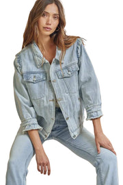Savanna Jane Womens Button Front Ruffled Denim Jacket