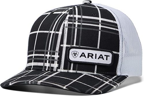 Ariat Mens Richardson 112 Adjustable Snapback Trucker Hat (Black/White Plaid)