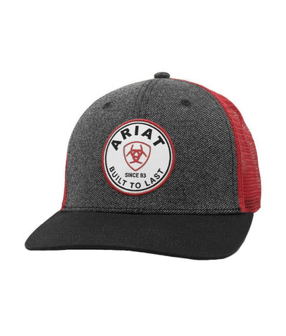 Ariat Mens Built To Last Round Logo Patch Snapback Cap Hat (Black Heather/Red)