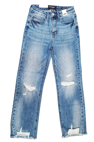 Judy Blue Womens Destroyed Knee Mid Rise Denim Straight Jeans