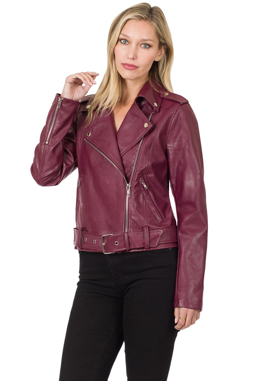 Zenana Womens Vegan Leather Belted Moto Jacket