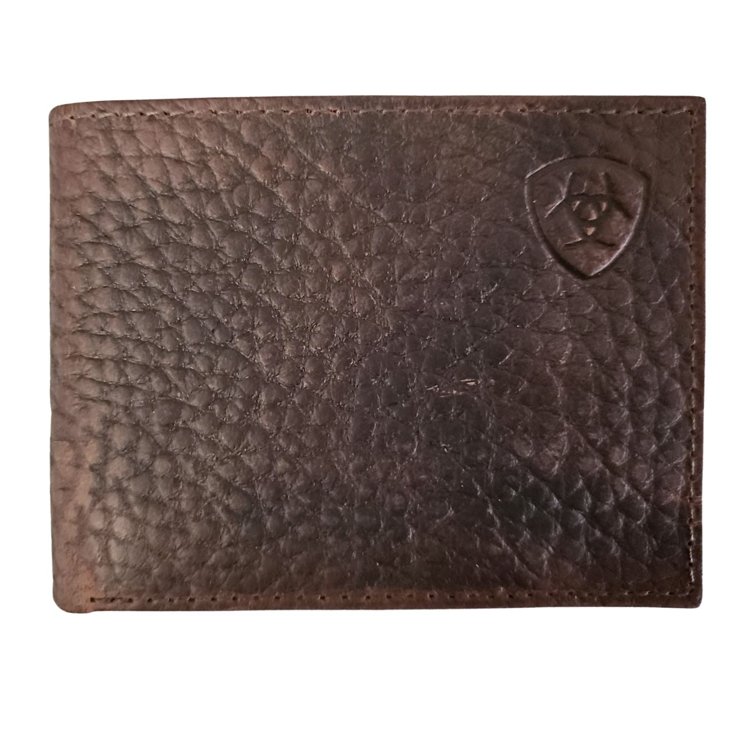 Ariat Mens Pebbled Leather Embossed Shield Logo Bifold Wallet, Brown