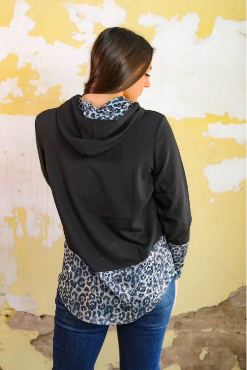 Lucky & Blessed Womens Solid and Animal Print Sequin Hoodie