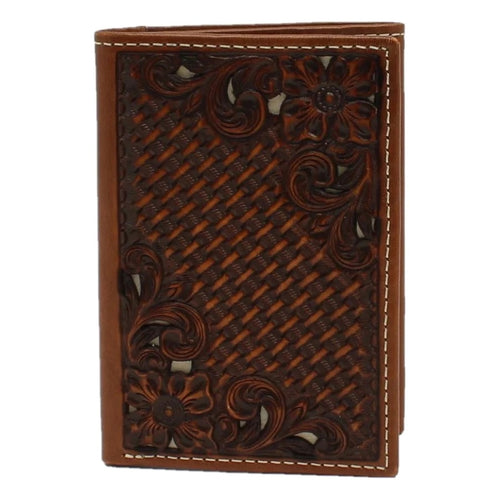 Nocona Mens Trifold Floral Tooled Brown Leather Wallet