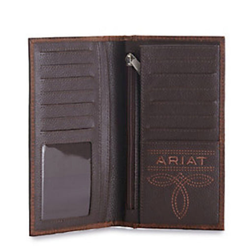 Ariat Mens Pebbled Leather Embossed Shield Logo Rodeo Checkbook Wallet, Brown