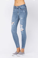 Judy Blue Womens Mid Rise Distressed Skinny Jeans with Raw Hems