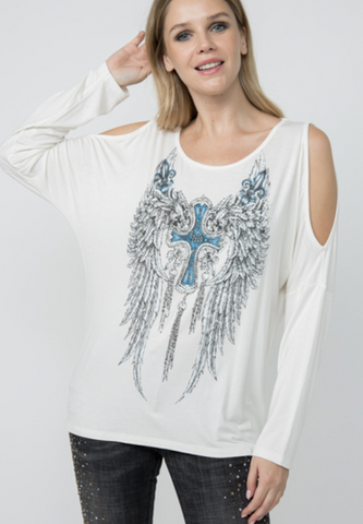 Vocal Womens Ribbed Long sleeve Top with Rhinestones and Laser Cut Details