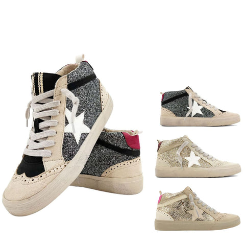Shu Shop Womens Reba Pre Distressed Star Glitter Fashion Platform Sneakers