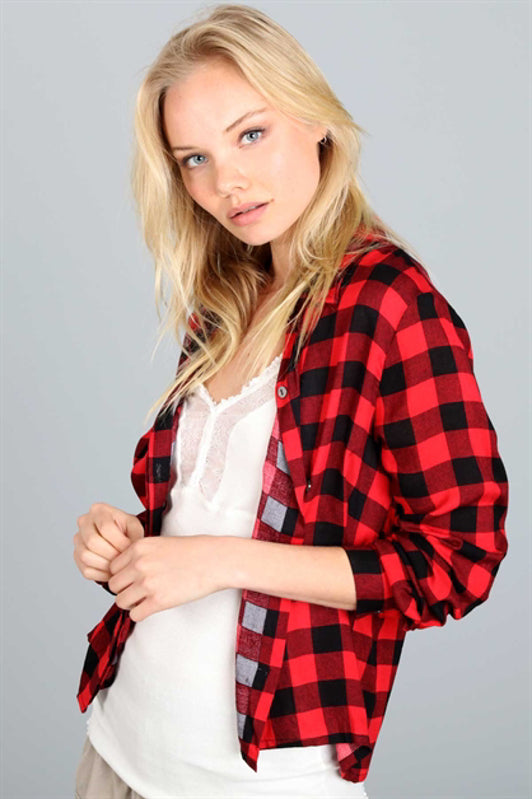 POL Clothing Womens Contrast Checker Button Down Shirt