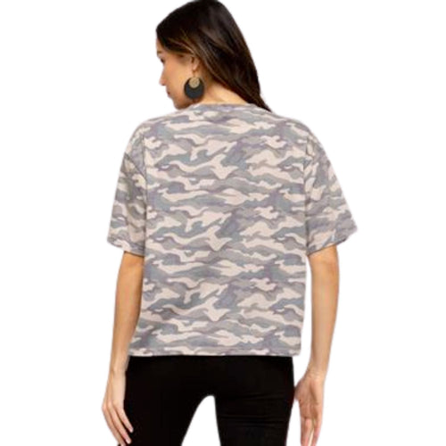 She And Sky Womens Half Sleeve Crew Neck Loose Fit Short Knit Top, Camouflage