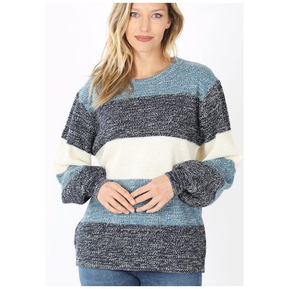 Zenana Womens Colorblock Balloon Sleeve Knit Sweater