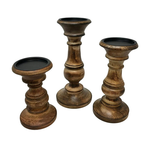 Hand Carved Dodge Wood Pillar Candle Holder, Set of 3