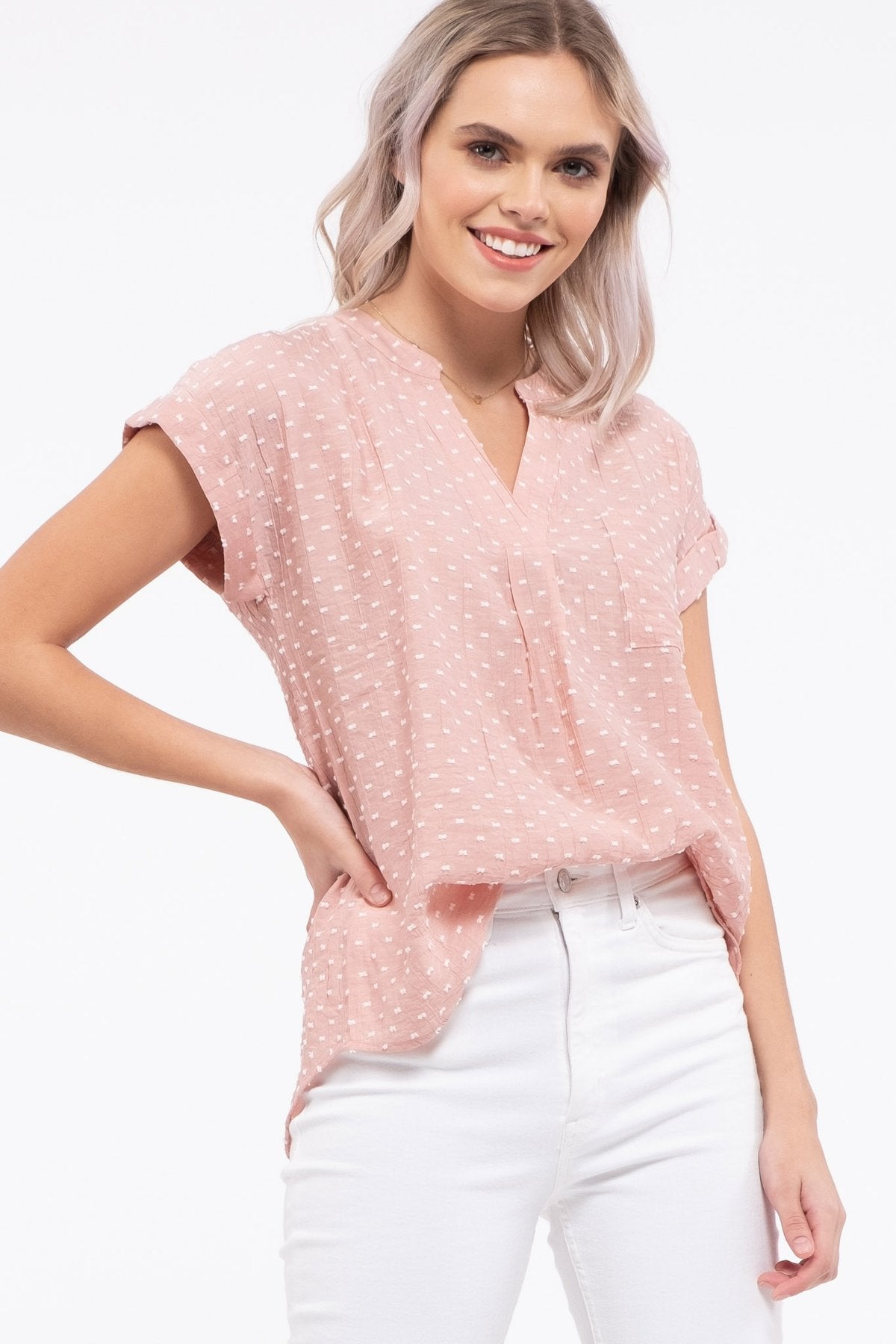 Mine Womens Back Button Textured Short Sleeve Top