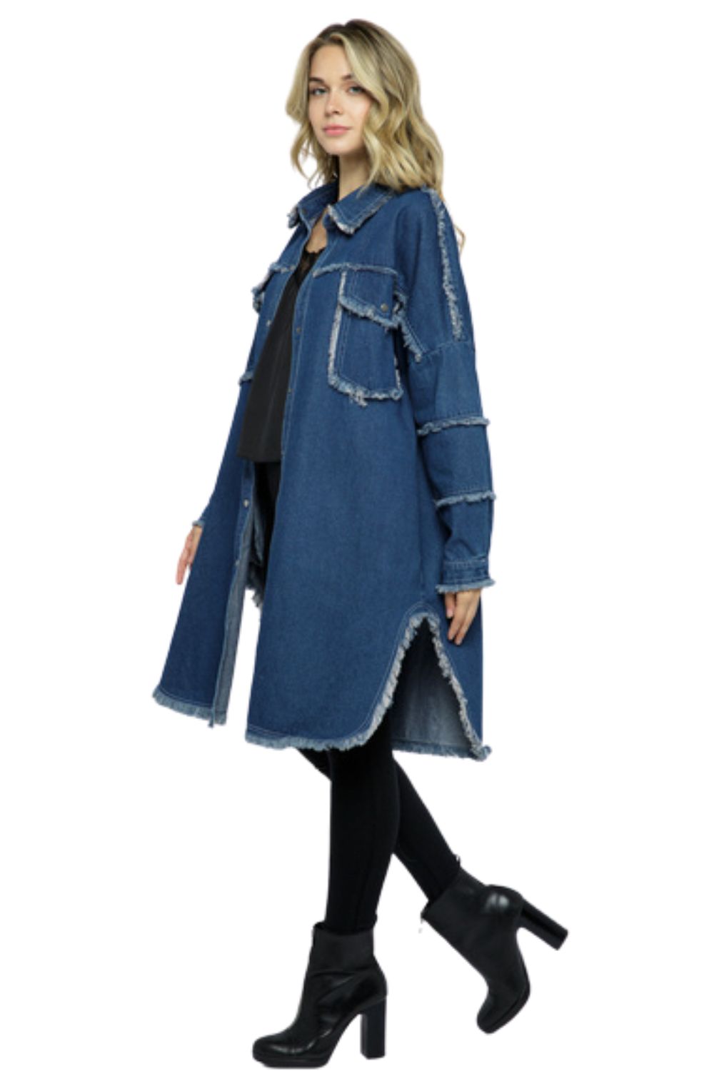 Vocal Apparel Womens Long Length Frayed Denim Jacket