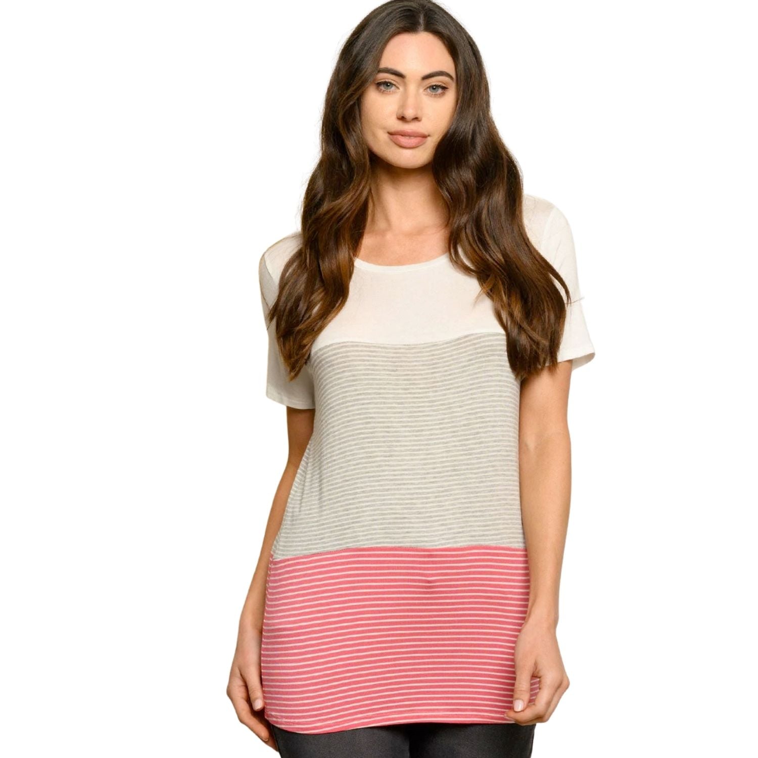 Fantastic Fawn Womens Color Block Stripe Short Sleeve Round Neck Top