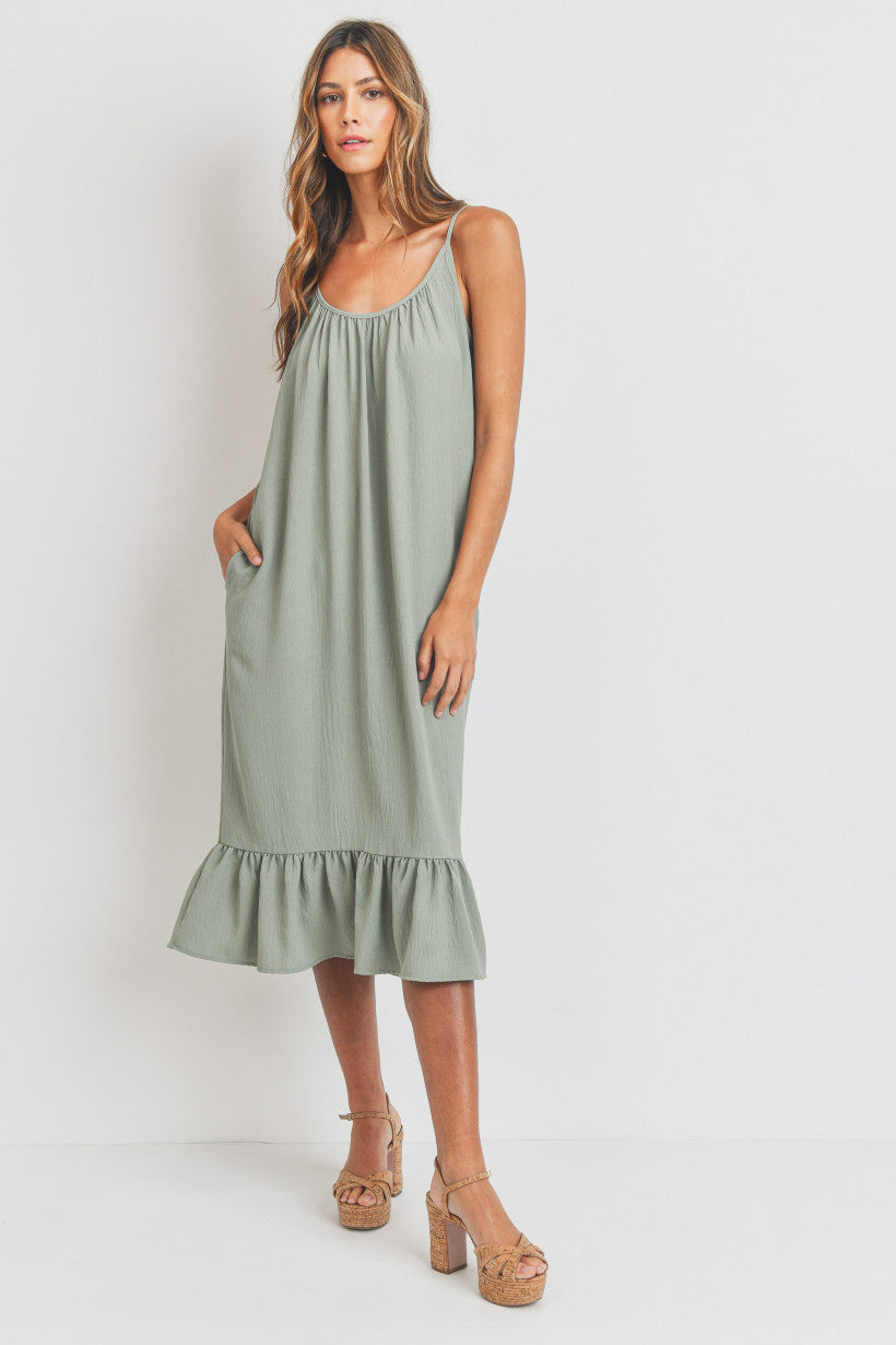 Cherish Womens Adjustable Strap Woven Ruffle Hem Midi Dress